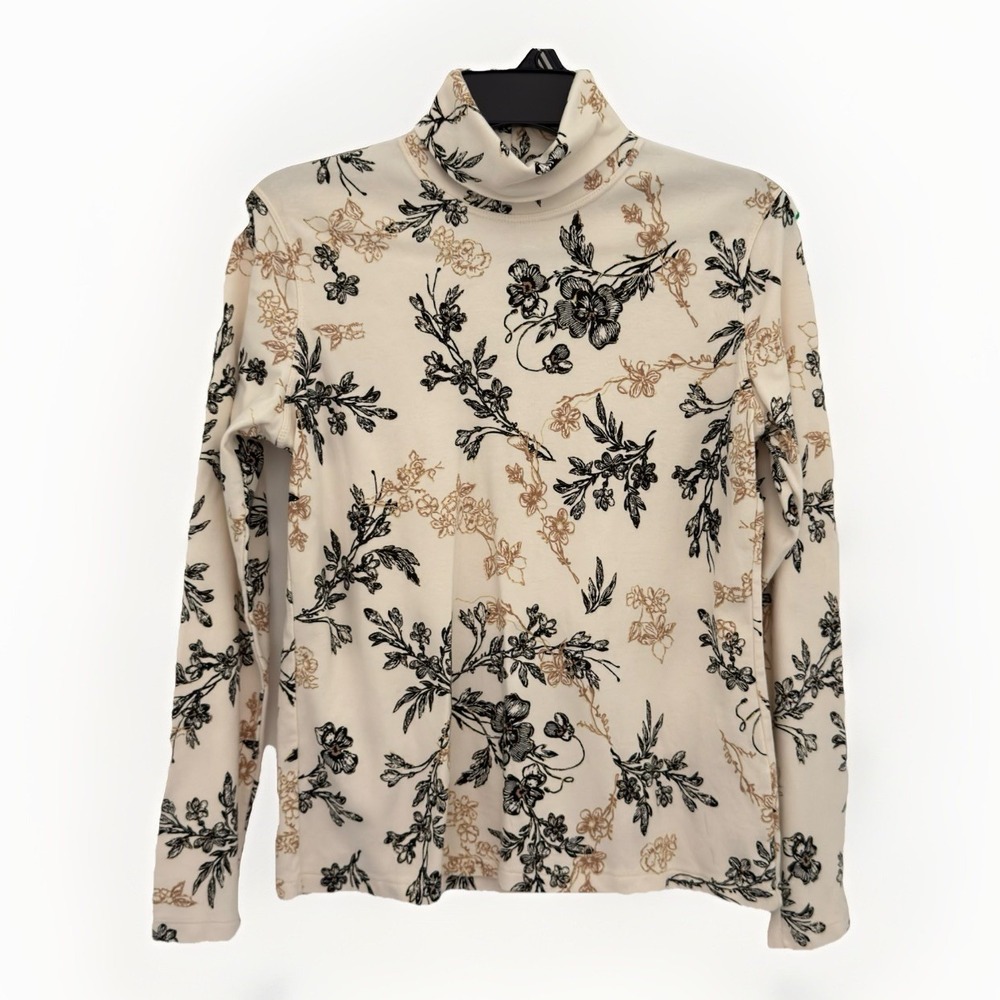 WHITE STAG Top Womens M Ivory Floral Turtleneck Pullover VTG Retro Cottagecore